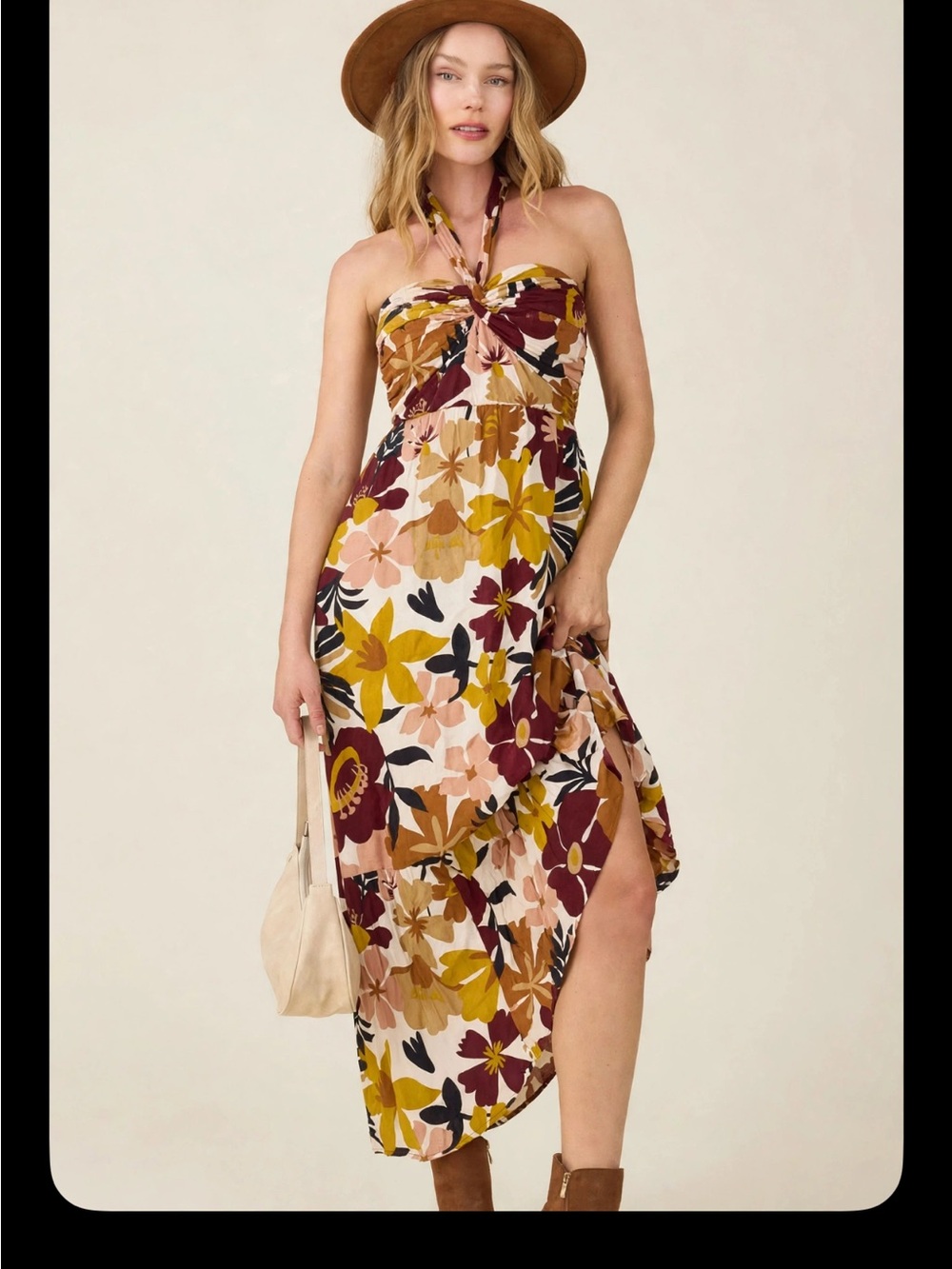 Elan Strapless Floral Maxi Dress in Mustard, Burgundy & Cream